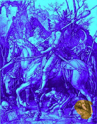 Knight, Death and Devil by Albrecht Durer. Note the corrosion spot close to the lower rigth corner.