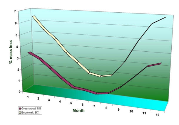 Average monthly corrosion mass loss measured for a period of five years at two marine locations, one directly on the sea coast and the one 8 km inland from the coast