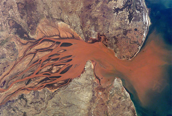 Aerial View of Sediment Run-off Caused by Massive Amazon Deforestation. 