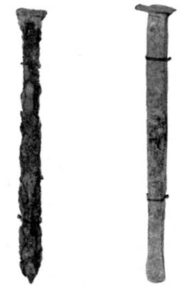 The relative corrosion of a modern steel nail (left) and an old forged nail (right)