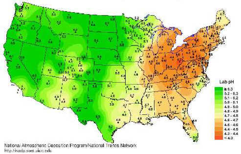 Average measured acidity in precipitations recorded for 1999