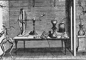 The prepared frog's legs hang from the spinal stub by the crural nerves. When the electrostatic machine revolved, or the Leyden jar was discharged, Galvani observed that the legs jerked when a scalpel touched the nerve.