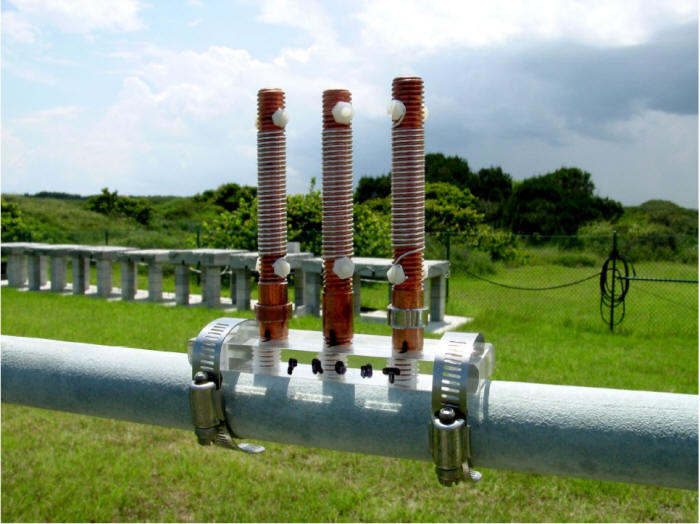 A CLIMAT coupon with three copper rods immediately after it was installed at the Kennedy Space Center beach corrosion test site