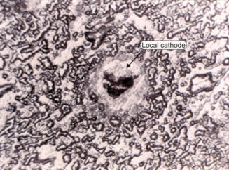 Local cathode and corrosion pits on a corroded piece of aluminum alloy